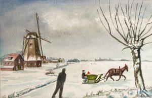 Louis van Gorkom - Zonder Titel (Winter uitzicht op familie en windmolen)