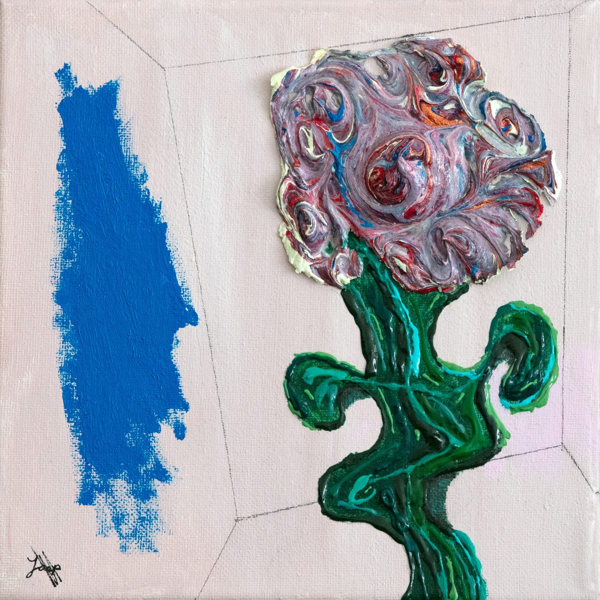 Blomke yn romte mei blauwe wand